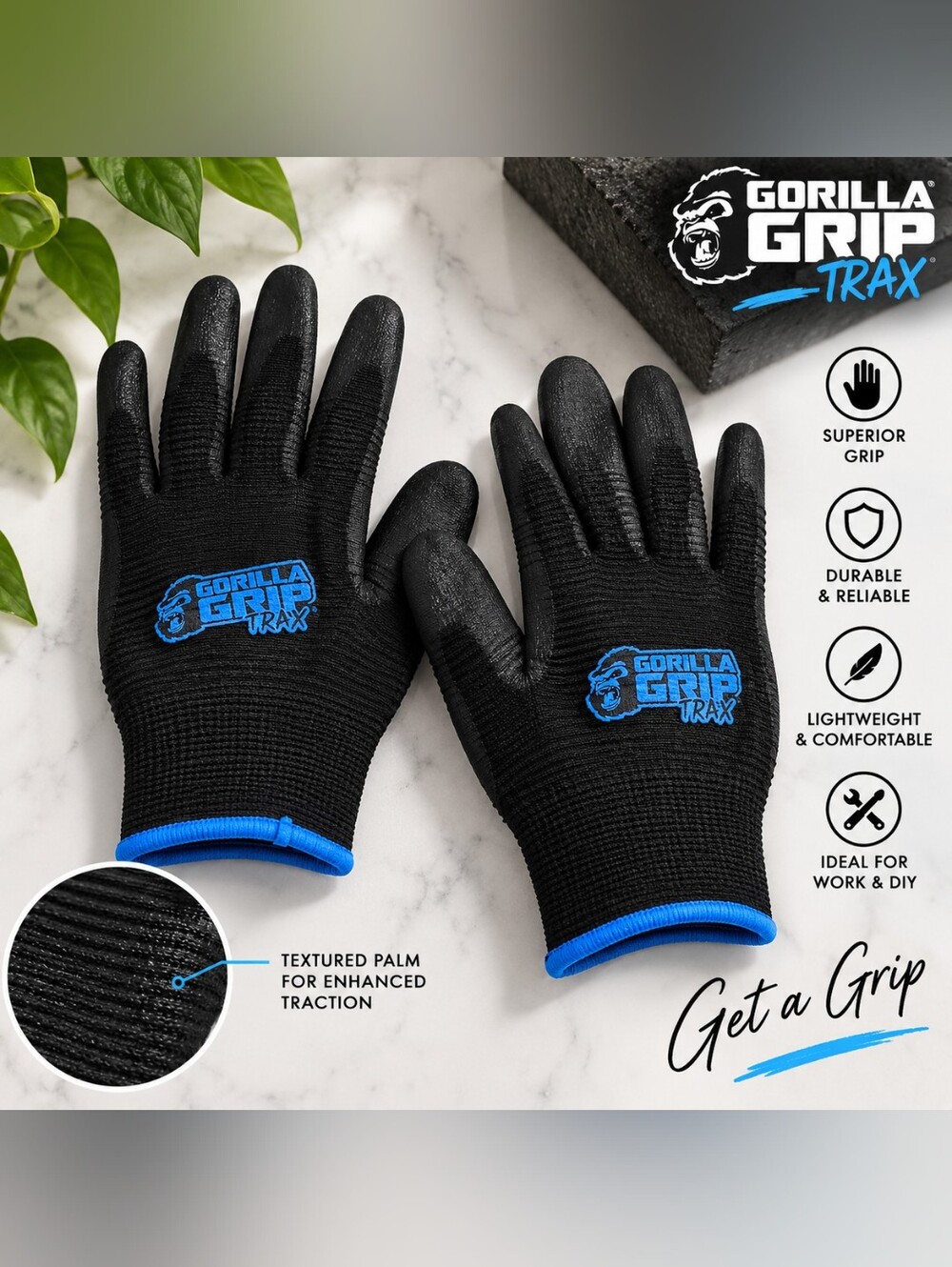Gorilla Grip TRAX Work Gloves Large Black Blue New Without Packaging